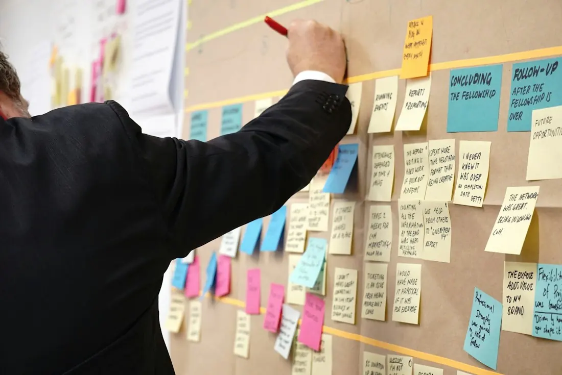 A team mapping out plans on a wall of sticky notes