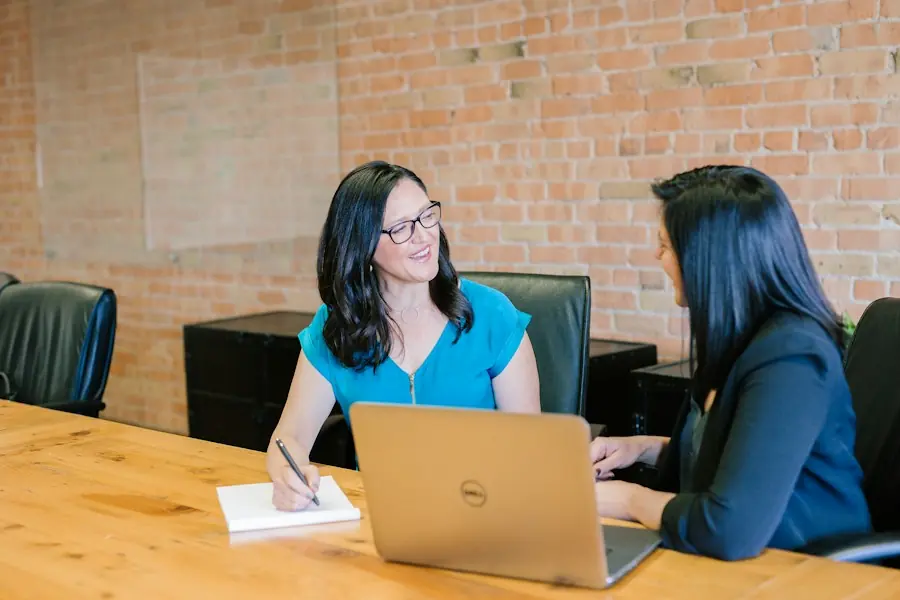Two colleagues discussing a project at a laptop