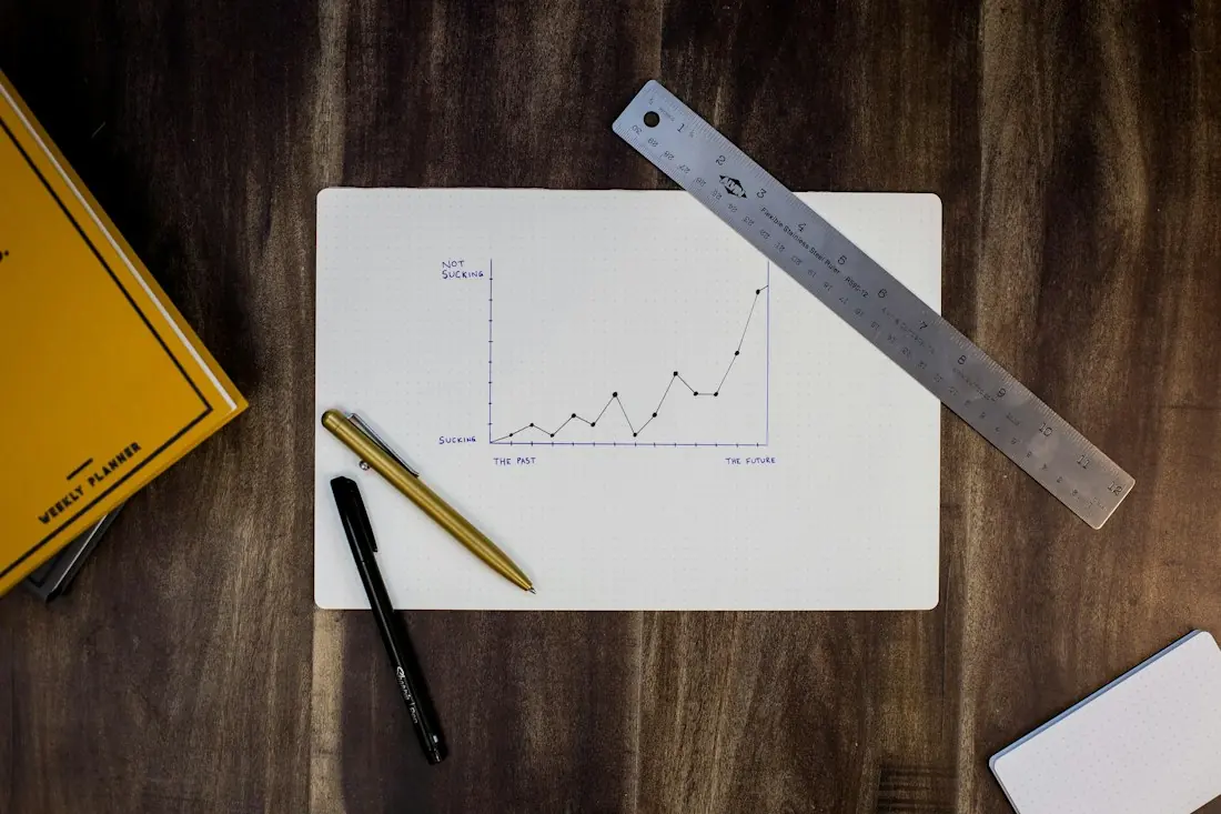 A rising line chart sketched on paper beside a pen and ruler